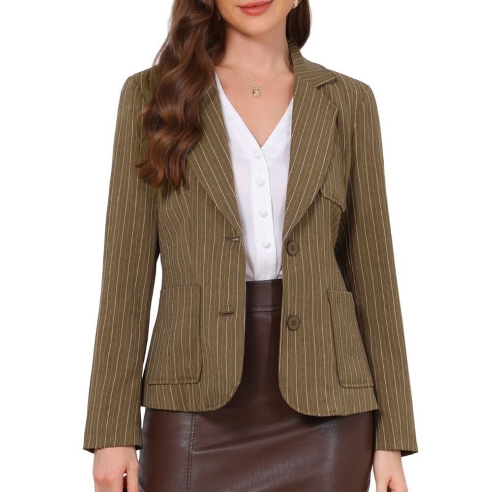 Women's Tweed Open Front Cropped Blazer Casual Jackets Dark Brown Stripes